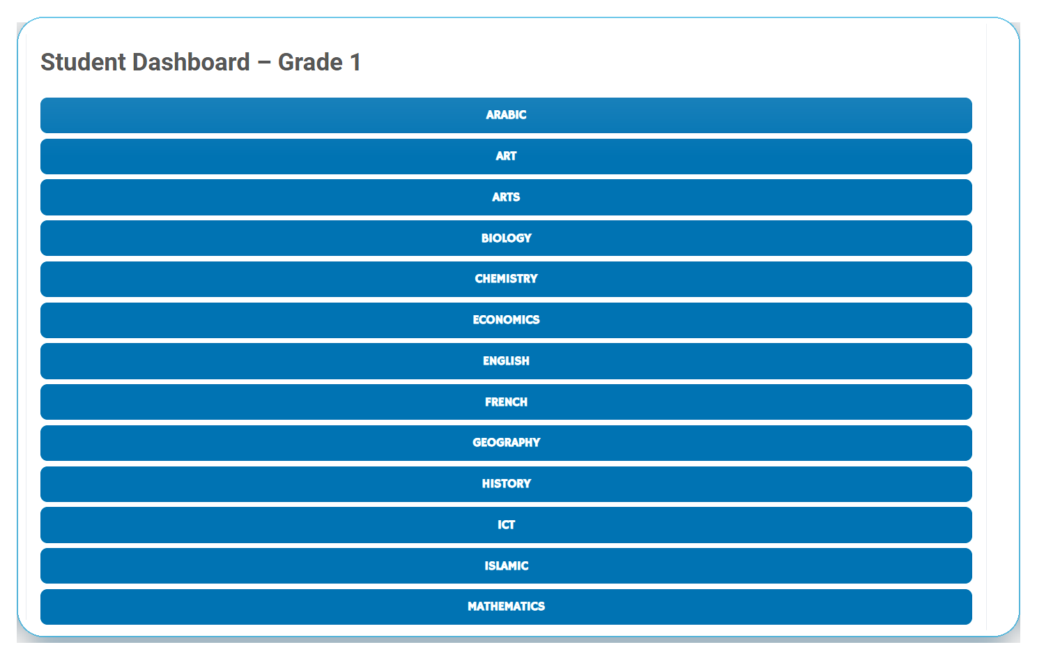 Student dashboard listing subjects