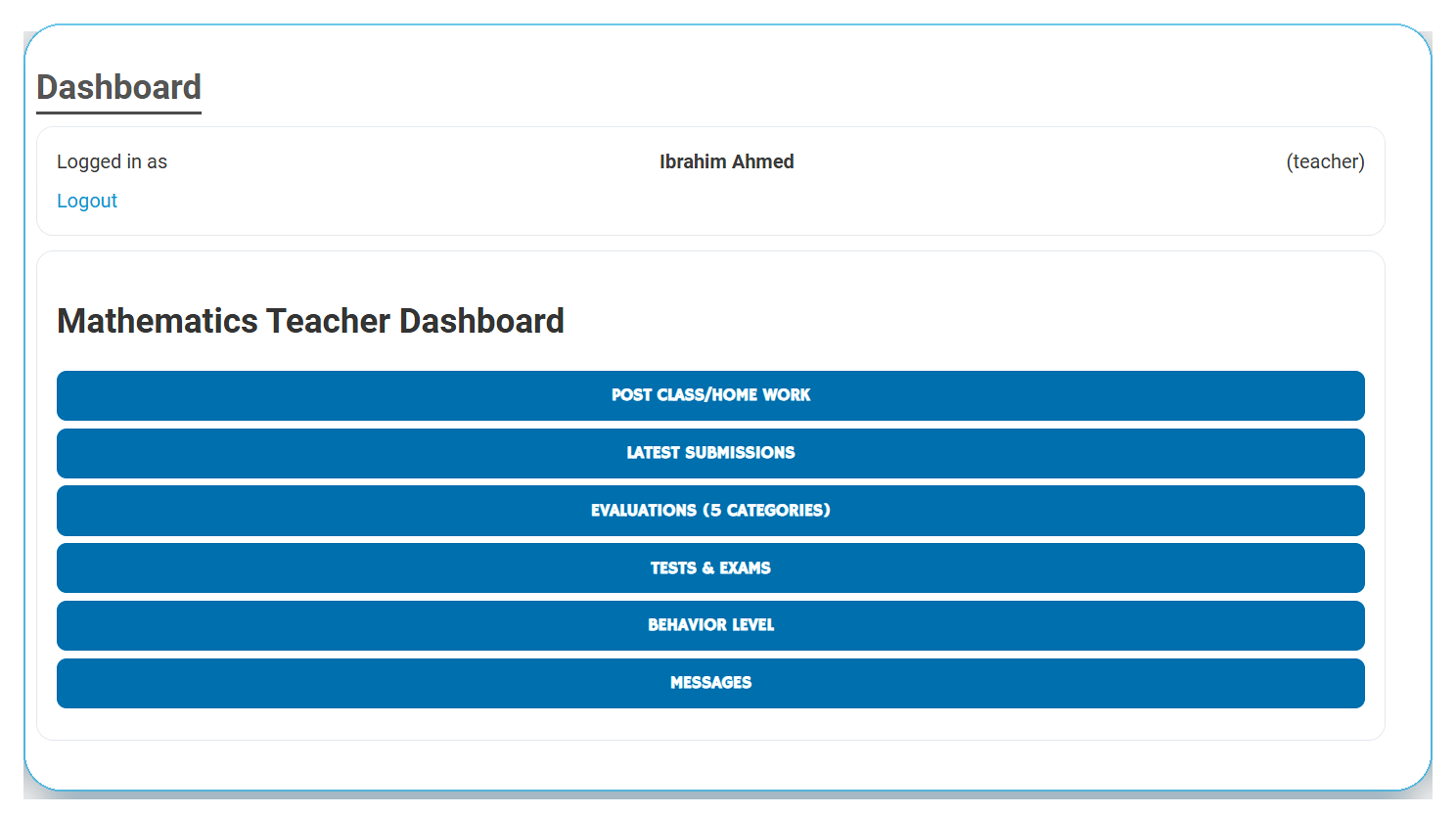 Teacher dashboard with classwork and evaluations